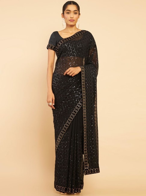 Soch Black Embellished Saree With Unstitched Blouse Price in India