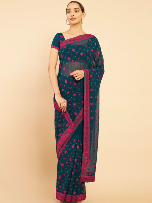 Soch Navy Embroidered Saree With Unstitched Blouse Price in India