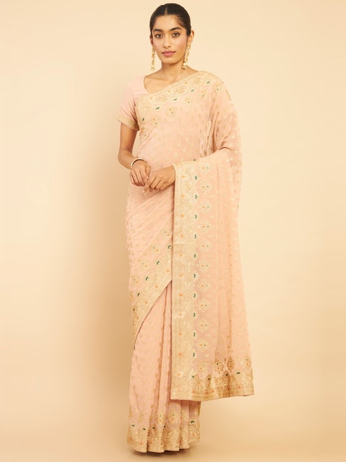 Soch Peach Embroidered Saree With Unstitched Blouse Price in India
