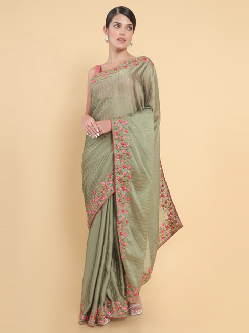 Soch Olive Green Embroidered Saree With Unstitched Blouse Price in India