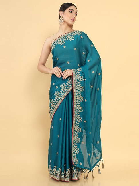 Soch Blue Embroidered Saree With Unstitched Blouse Price in India