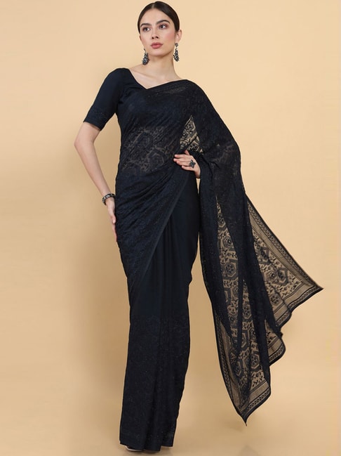 Soch Navy Embellished Saree With Unstitched Blouse Price in India
