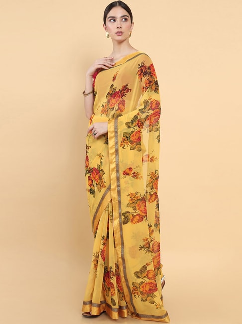 Soch Yellow Floral Print Saree With Unstitched Blouse Price in India