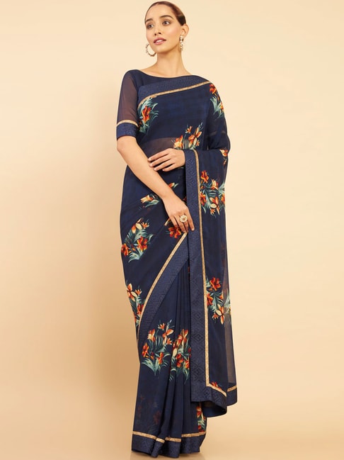 Soch Navy Printed Saree With Unstitched Blouse Price in India