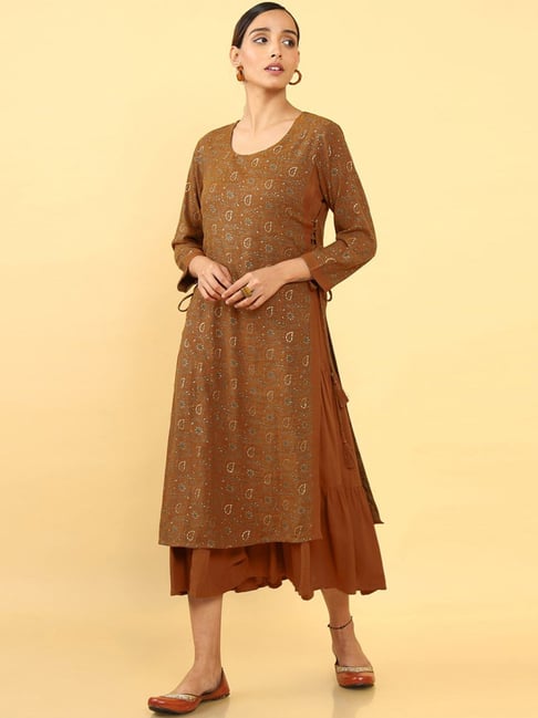 Cotton Brown Colour Frill Sleeves Regular Fit Round Neck Night Maxi Dress /  Women Maxi Night Wear/