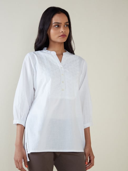 Utsa by Westside White Schiffli Design Straight Kurti Price in India