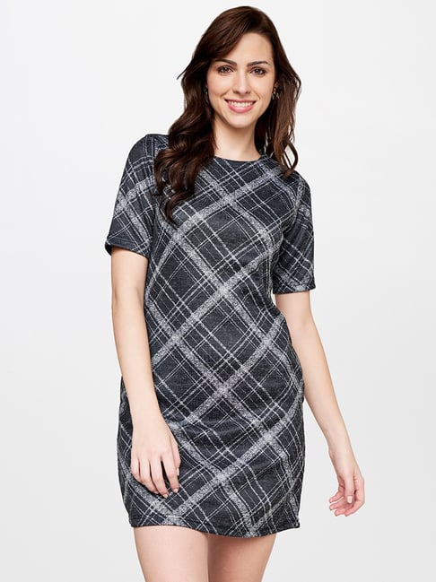 AND Charcoal Check Mini Shift Dress Price in India