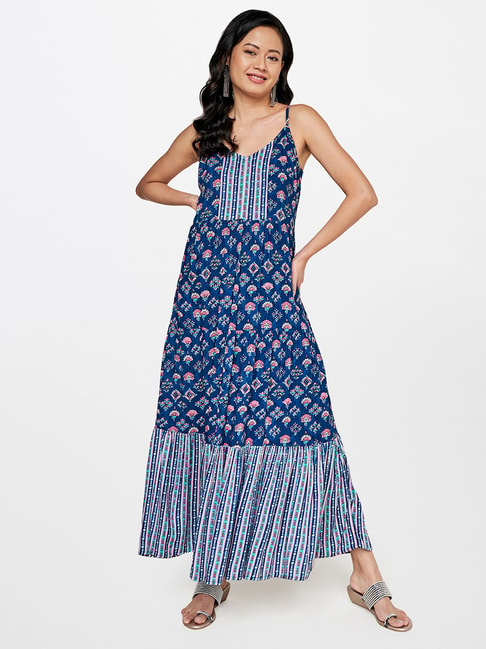 Global Desi Blue Floral Print Maxi Dress Price in India