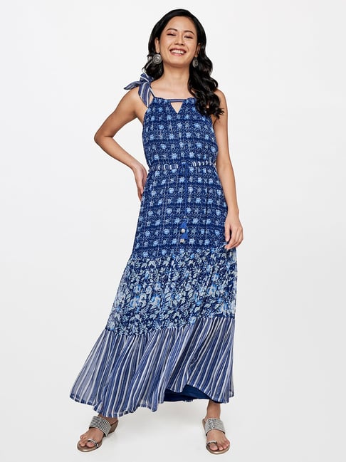 Global Desi Blue Floral Print Maxi Dress Price in India