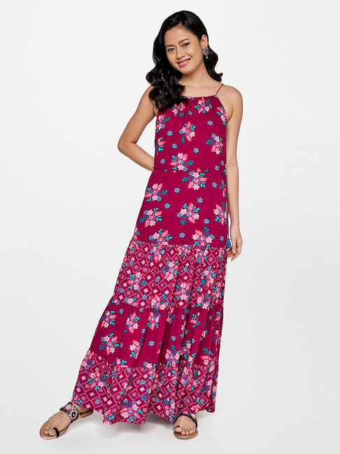 Global Desi Wine Floral Print Maxi Dress