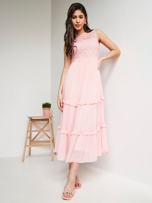 peach fit and flare dress Peach Short Sleeves Lace Fit and Flare Maxi Dress for Women