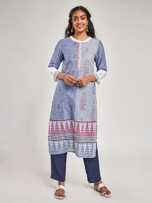 Global Desi Blue Printed Straight Kurta