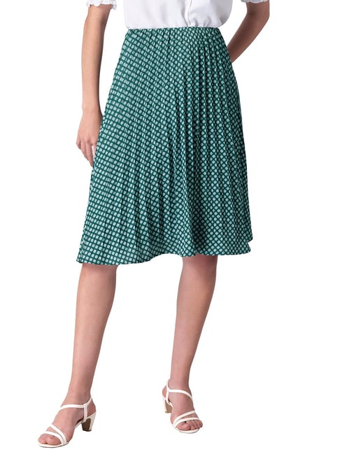 FabAlley Green Pleated Satin Abstract Midi Skirt Price in India