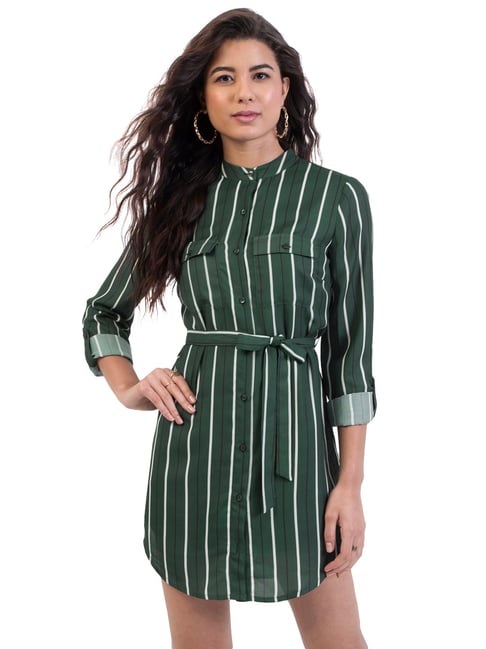 FabAlley Green Striped Belted Shirt Dress Price in India