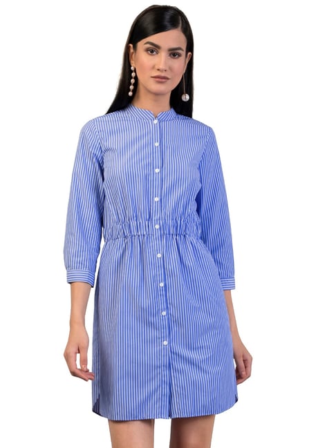 FabAlley Blue Pin Striped Elasticated Shirt Dress Price in India