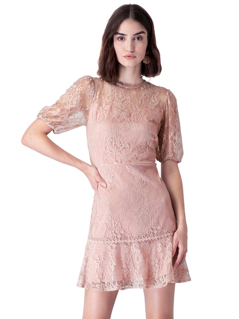 FabAlley Peach Puff Sleeve Lace Dress Price in India