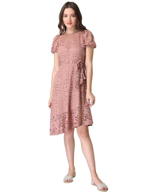 FabAlley Dusty Pink Lace Asymmetric Hem Belted Dress Price in India