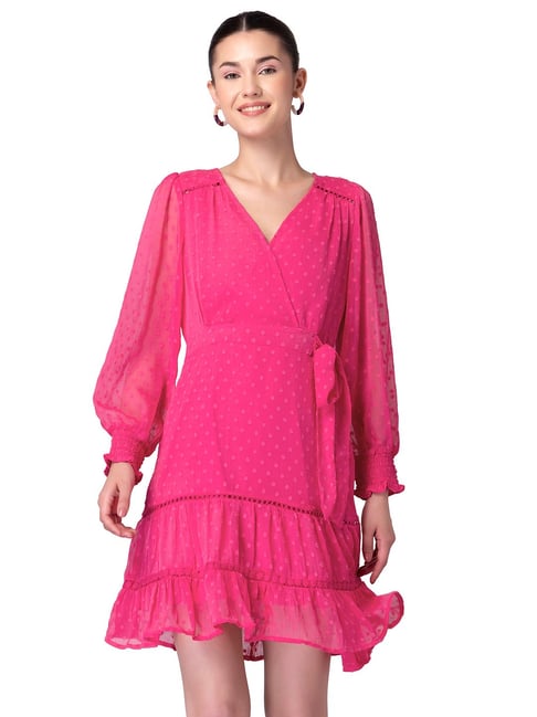 FabAlley Hot Pink Ruffled Wrap Dress Price in India