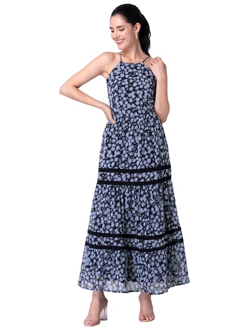 FabAlley Navy Floral Halter Back Tie Maxi Dress Price in India