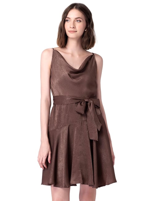 FabAlley Brown Satin Cowl Neck Belted Skater Dress Price in India