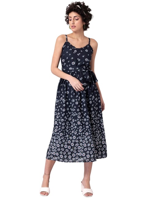 FabAlley Navy Floral Ruffled Midi Dress Price in India