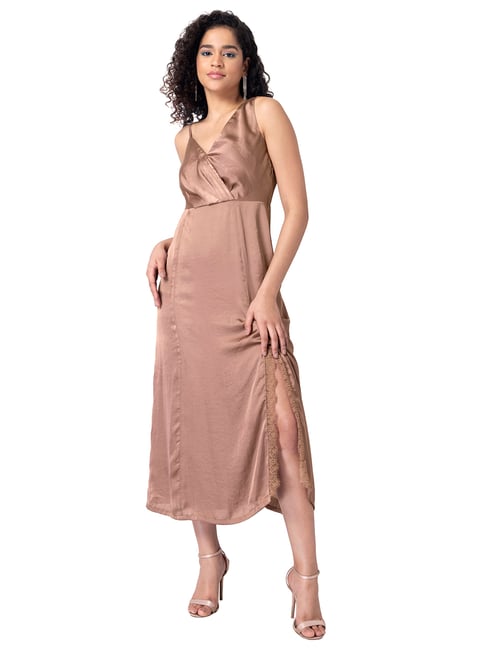 FabAlley Light Brown Satin Overlap Asymmetric Midi Dress Price in India