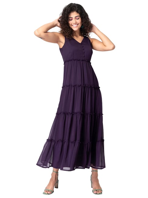 FabAlley Purple Tiered Buttoned Maxi Dress Price in India