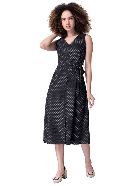 FabAlley Black Polka Sleeveless Belted Shirt Dress Price in India