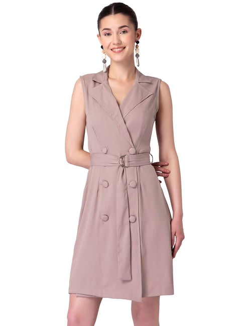 FabAlley Dusty Pink Self Design Belted Blazer Dress Price in India