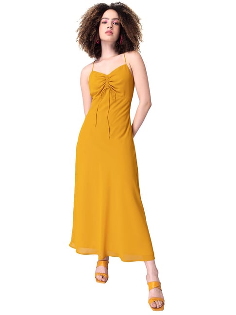 FabAlley Yellow Noodle Strap Ruched Maxi Dress Price in India