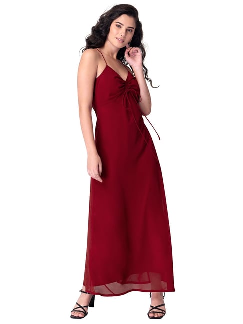 FabAlley Dark Red Noodle Strap Ruched Maxi Dress Price in India