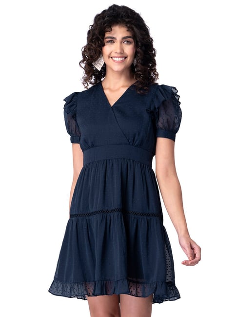 FabAlley Navy Frill Sleeve Trim Wrap Dress Price in India