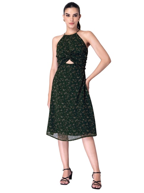 FabAlley Dark Green Floral Halter Midi Dress Price in India