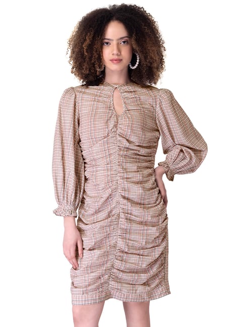 FabAlley Pink Checked Ruched Bodycon Dress Price in India