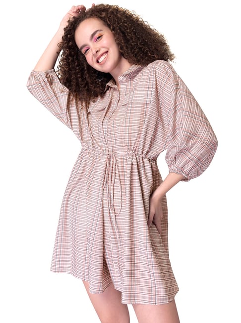 FabAlley Pink Checked Dolman Sleeve Shirt Dress Price in India