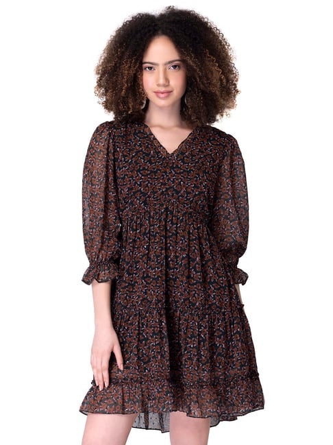 FabAlley Brown Floral Waist Cut Out Dress Price in India