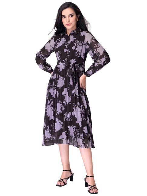 FabAlley Black Floral Pleated Shirt Dress Price in India