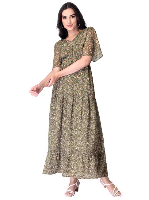 Buy FabAlley Green Floral Back Cut Out Maxi Dress for Women's