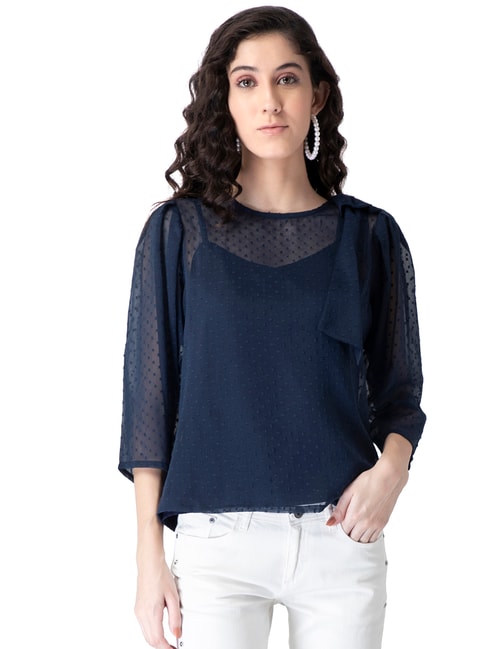 FabAlley Navy Swiss Dot Neck Tie Blouse Price in India