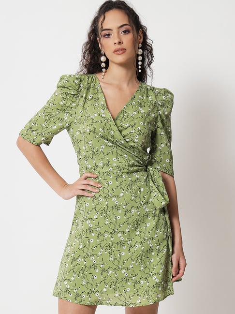 Buy Trend Arrest Green Floral Print Mini Wrap Dress for Women's