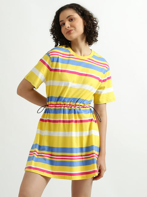 United Colors of Benetton Yellow Striped Mini T-Shirt Dress Price in India