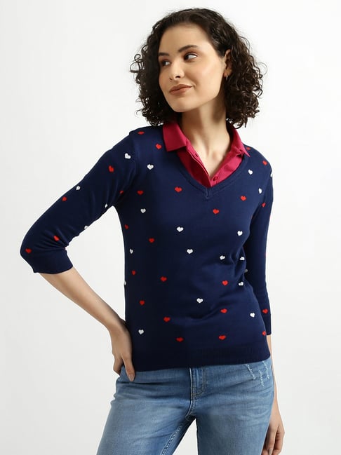 United Colors of Benetton Navy V-Neck Printed Sweater