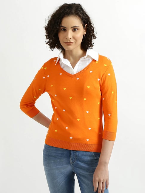 United Colors of Benetton Orange V-Neck Printed Sweater