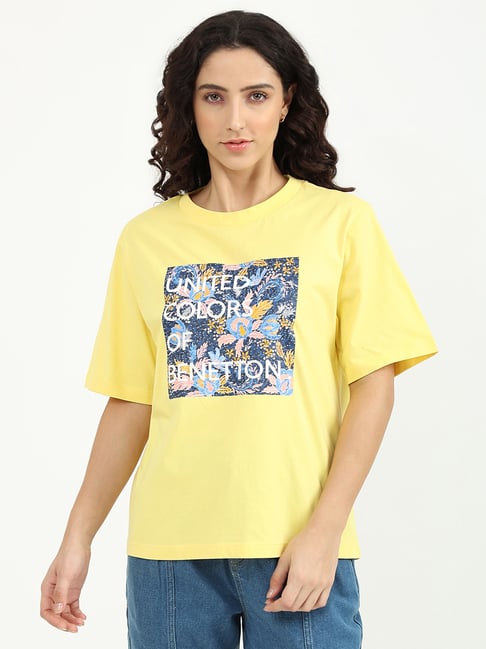 United Colors of Benetton Yellow Printed Crew T-Shirt