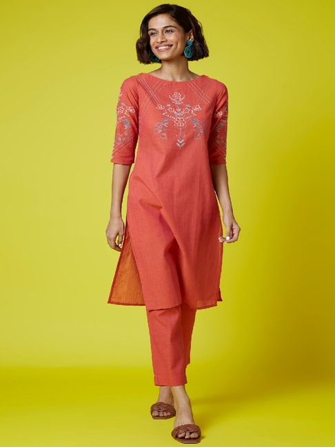 Okhai Beacon Orange Pure Cotton Hand Embroidered Kurta Pant Set Price in India