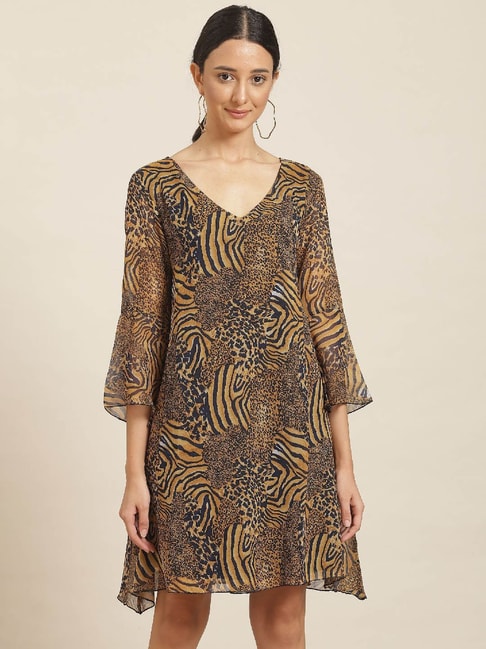 Qurvii Brown Animal Print Above knee A-Line Dress Price in India