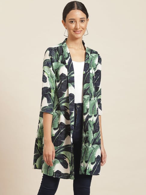 Qurvii Green & Blue Printed Shrug