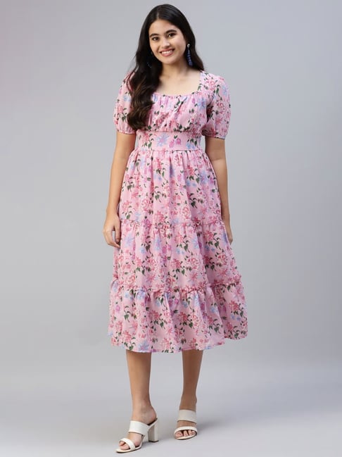 Melon by PlusS Pink Printed Fit & Flare Dress Price in India