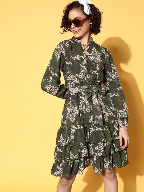 Melon by PlusS Olive Printed Midi Fit & Flare Dress Price in India