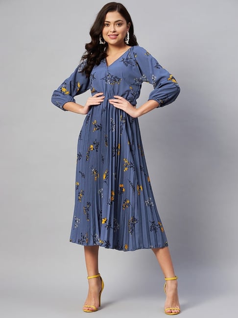 Melon by PlusS Blue Printed Midi A Line Dress Price in India